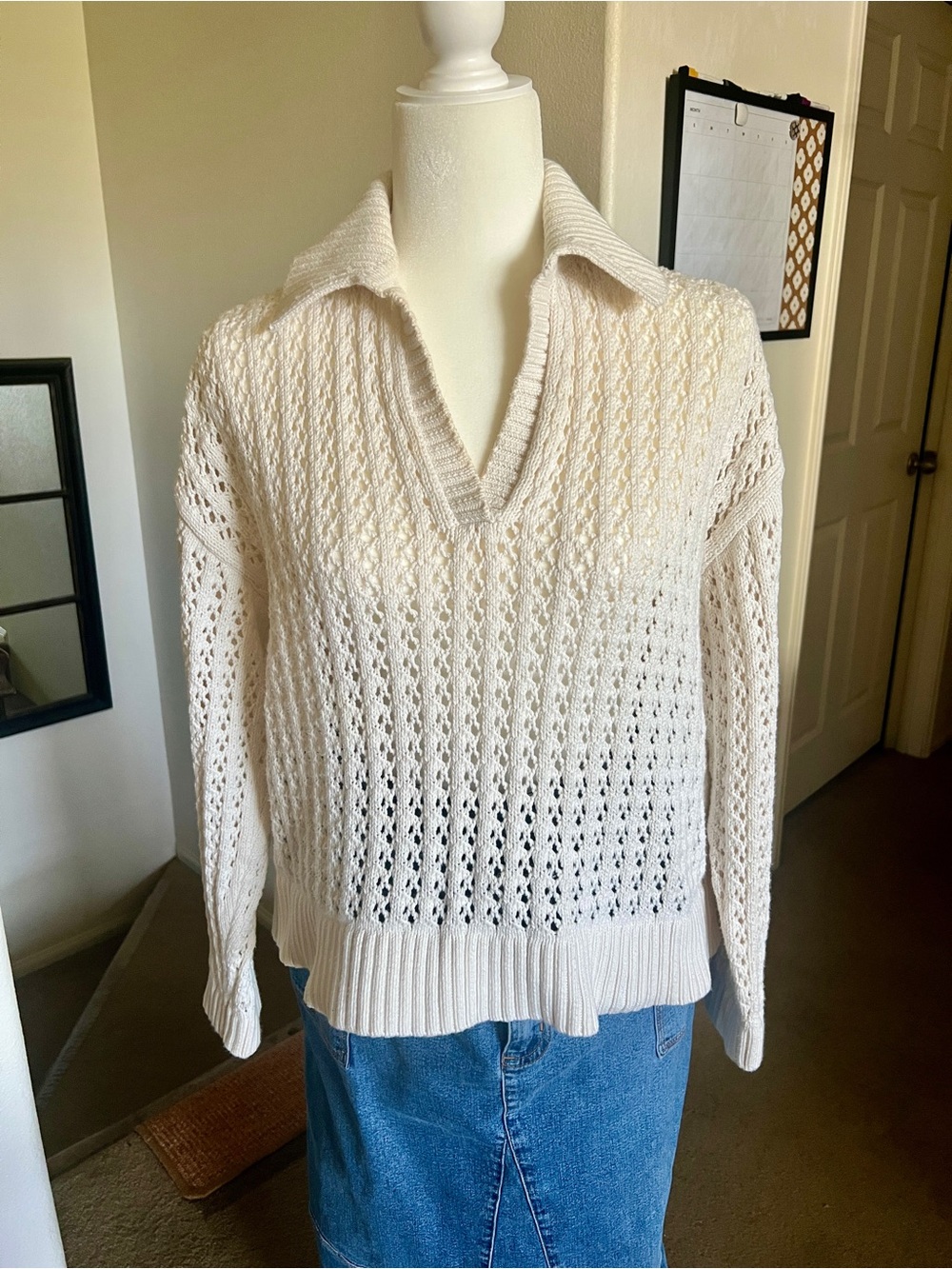 LOFT Cream Open-Knit V-Neck Collared Sweater